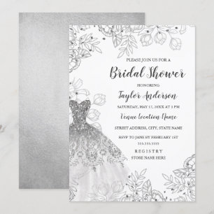 Silver White Vintage Floral Dress Bridal Shower Invitation