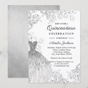 Silver White Vintage Floral Dress Quinceanera Invitation