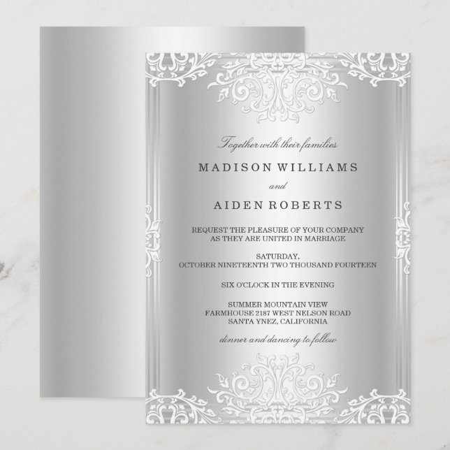 Silver White Vintage Glamour Wedding Invitation (Front/Back)