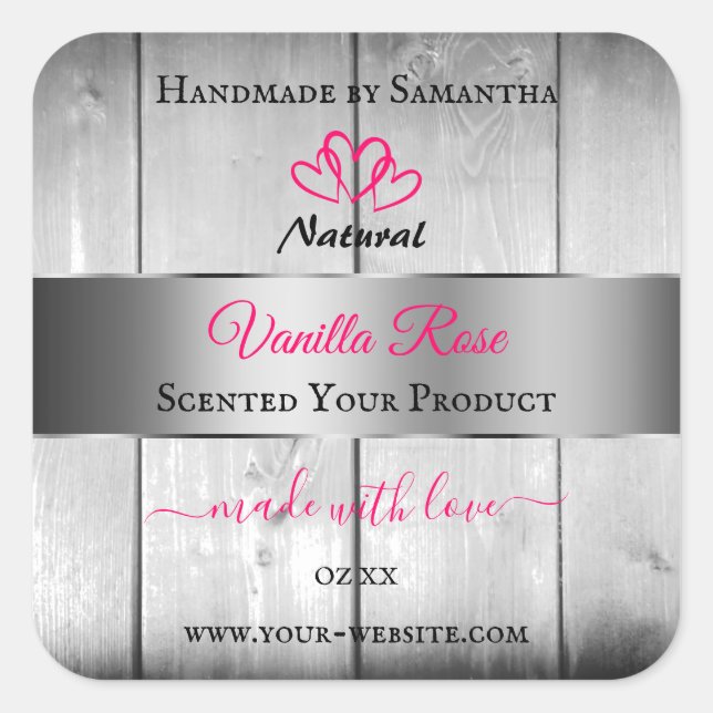 Silver White Wood Grain Product Labels Pink Hearts (Front)