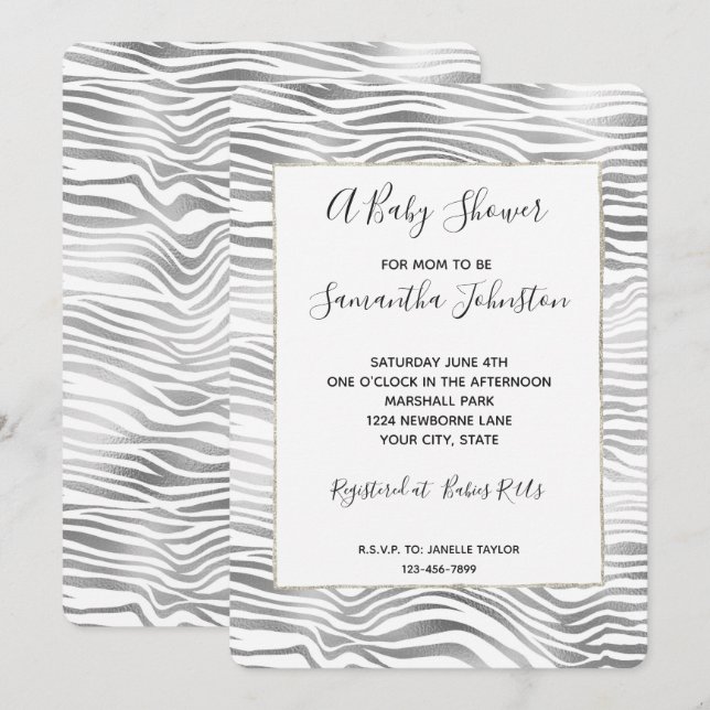 Silver White Zebra Print Baby Shower Invitation (Front/Back)