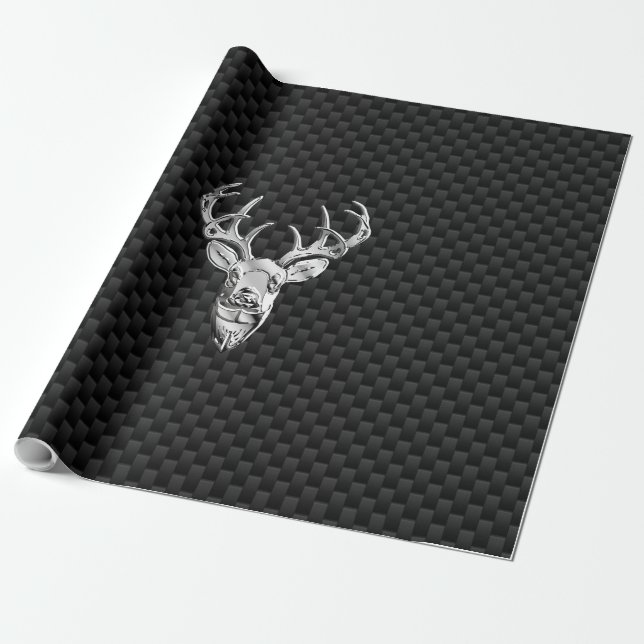 Silver Wild Deer on Carbon Fibre Style Decor Wrapping Paper (Unrolled)