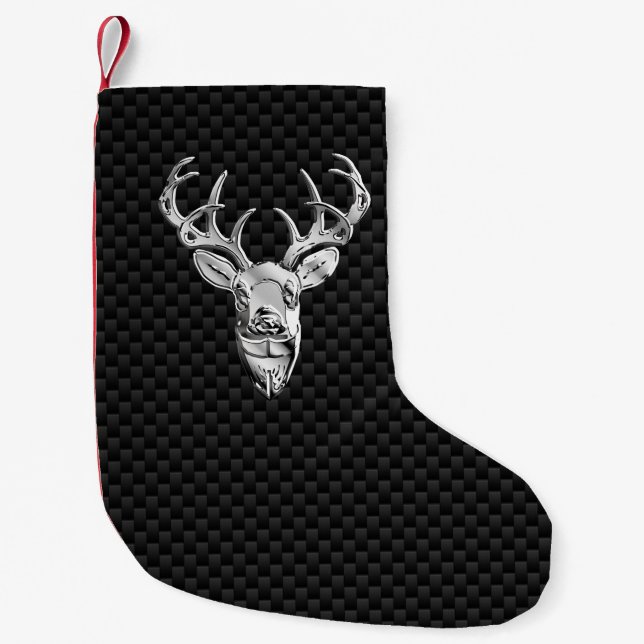 Silver Wild Deer on Carbon Fibre Style Print Small Christmas Stocking (Front)