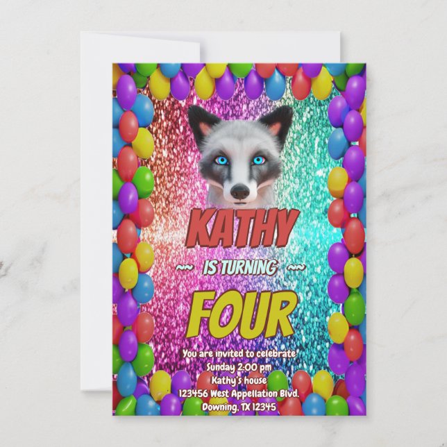 Silver Wild Fox Fun Festive Birthday party invite (Front)