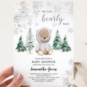 Silver Winter Bear Baby Shower Invitation