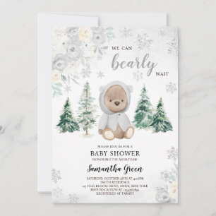 Silver Winter Bear Baby Shower Invitation