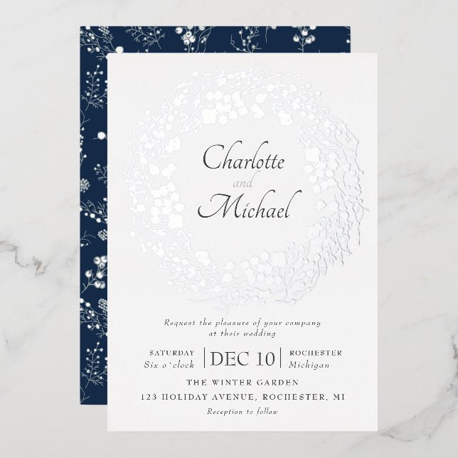 Silver winter berries wreath wedding foil invitati (Front/Back)