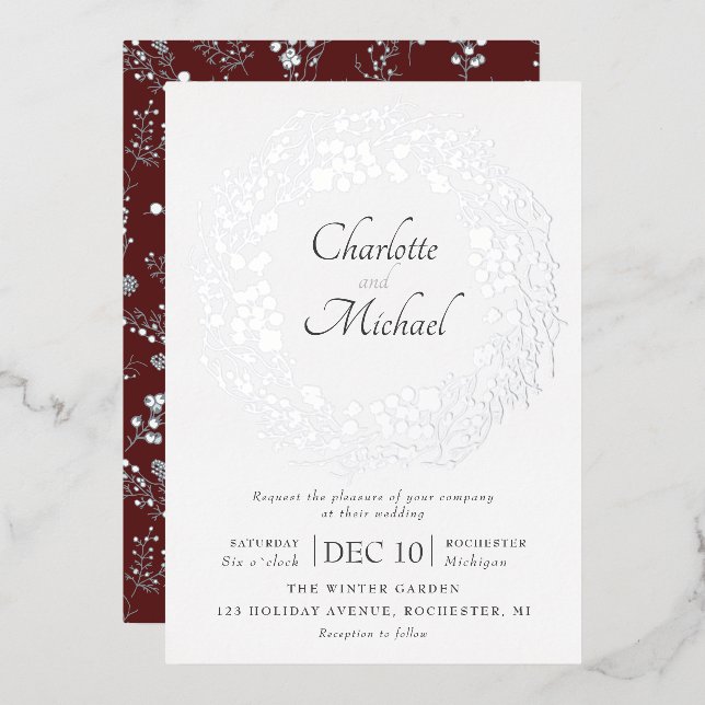 Silver winter berries wreath wedding foil invitati (Front/Back)