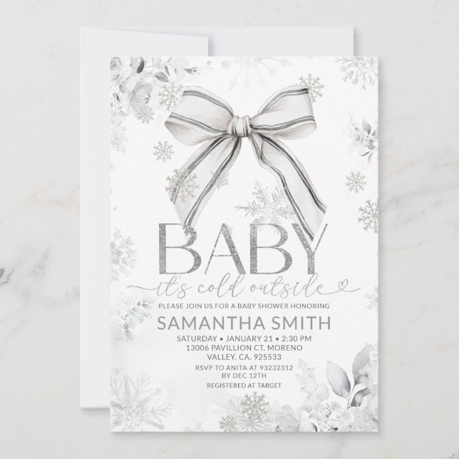 Silver Winter Bow It's Cold Outside Baby Shower Invitation (Front)