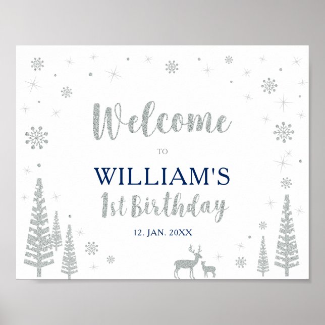 Silver Winter Boy 1st Birthday Party Welcome Sign (Front)