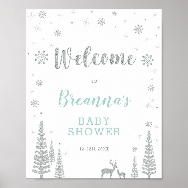 Silver Winter Boy Birthday Party Welcome Sign (Front)