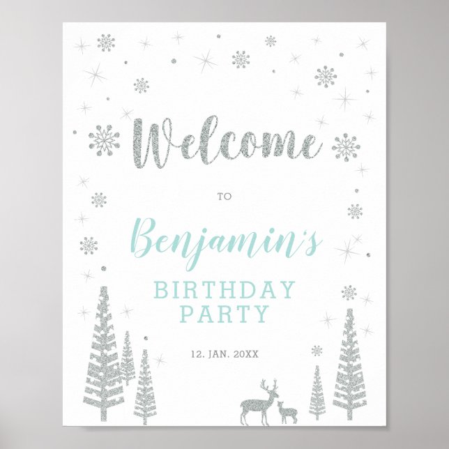 Silver Winter Boy Birthday Party Welcome Sign (Front)