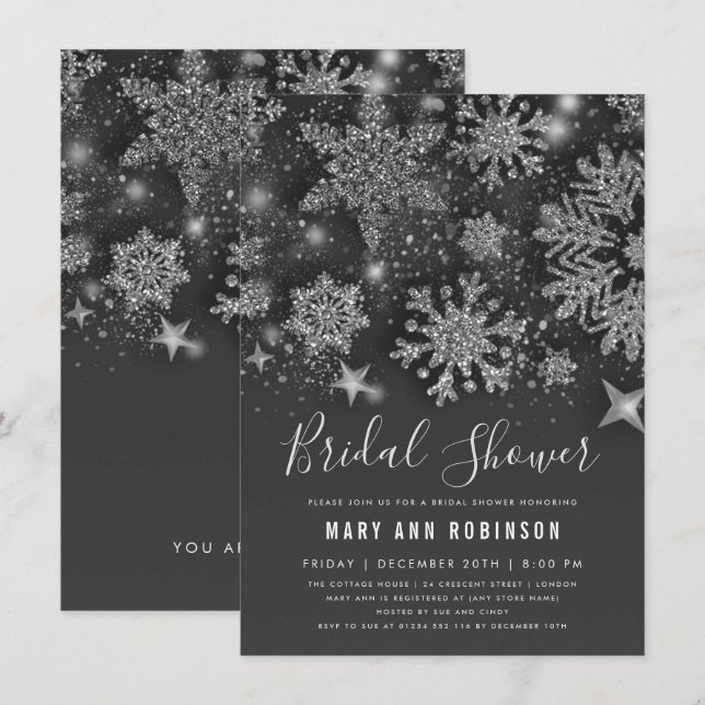 Silver Winter Bridal Shower Glitter & Stars Invitation (Front/Back)