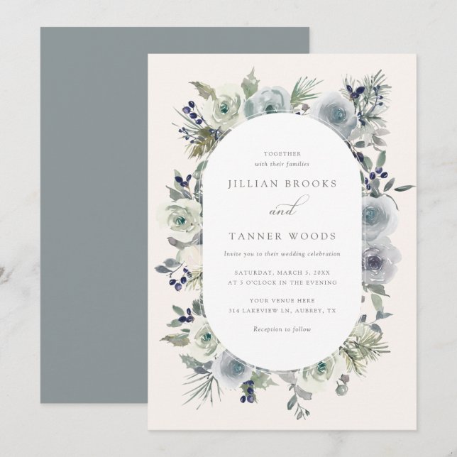 Silver Winter Floral Wedding Invitation (Front/Back)