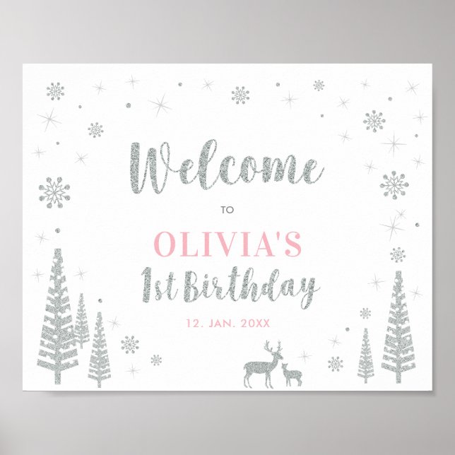 Silver Winter Girl 1st Birthday Party Welcome Sign (Front)