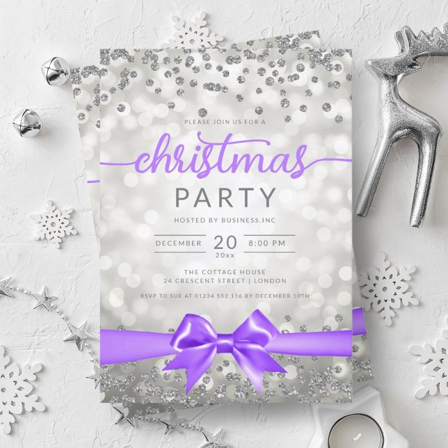 Silver Winter Glam Company Xmas Purple Ribbon Invitation (Silver Winter Glam Company Xmas Purple Ribbon Invitation)