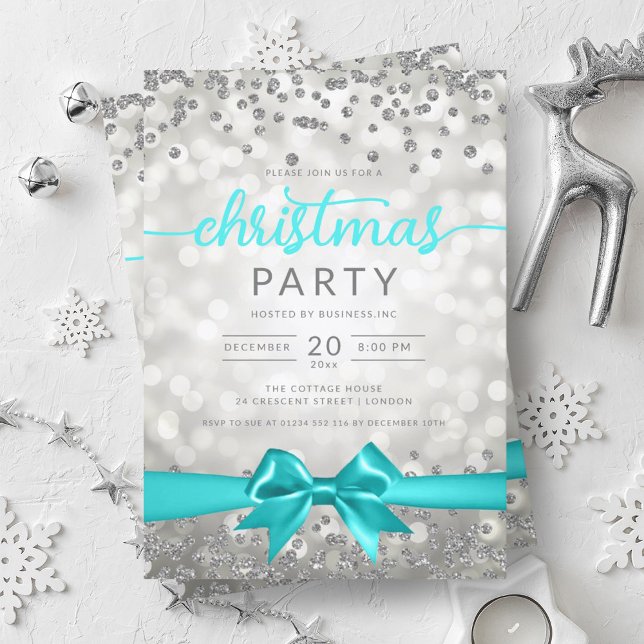 Silver Winter Glam Company Xmas Turquoise Ribbon Invitation (Silver Winter Glam Company Xmas Turquoise Ribbon Invitation)