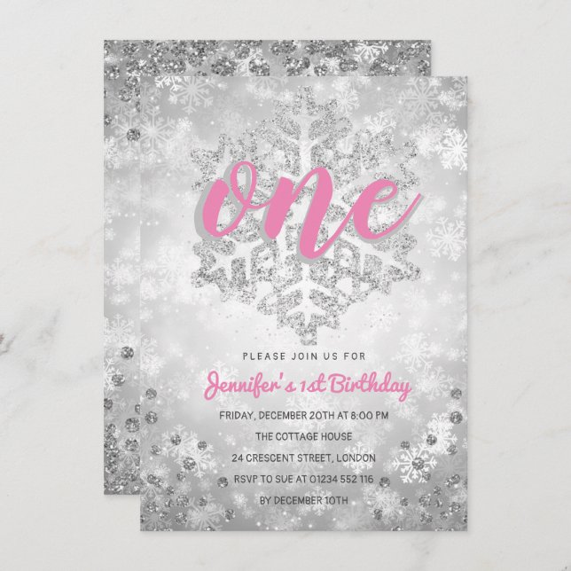 Silver Winter Glitter Snowflake | 1st Birthday Invitation (Front/Back)