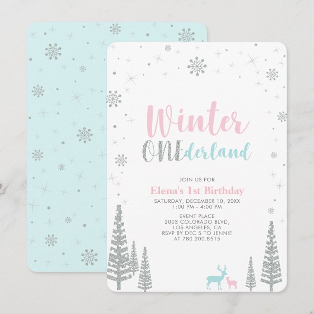 Silver Winter onederland 1st birthday party Invitation (Front/Back)