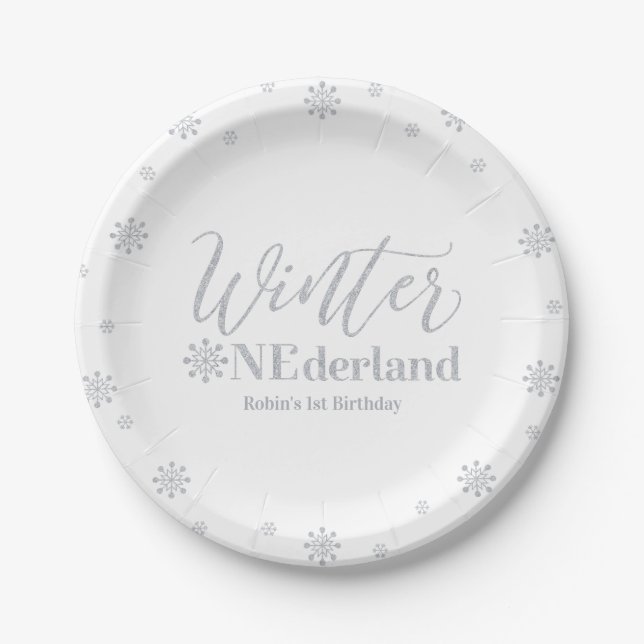 Silver Winter Onederland 1st Birthday Party Paper Plate (Front)