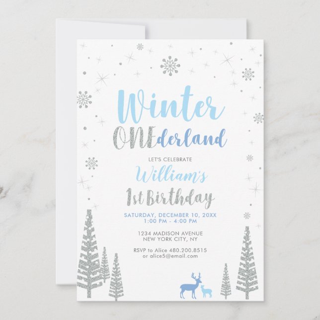 Silver Winter onederland 1st boy birthday party Invitation (Front)
