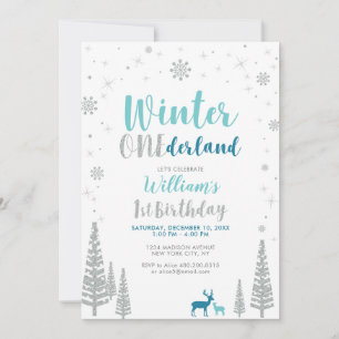 Silver Winter onederland 1st boy birthday party Invitation
