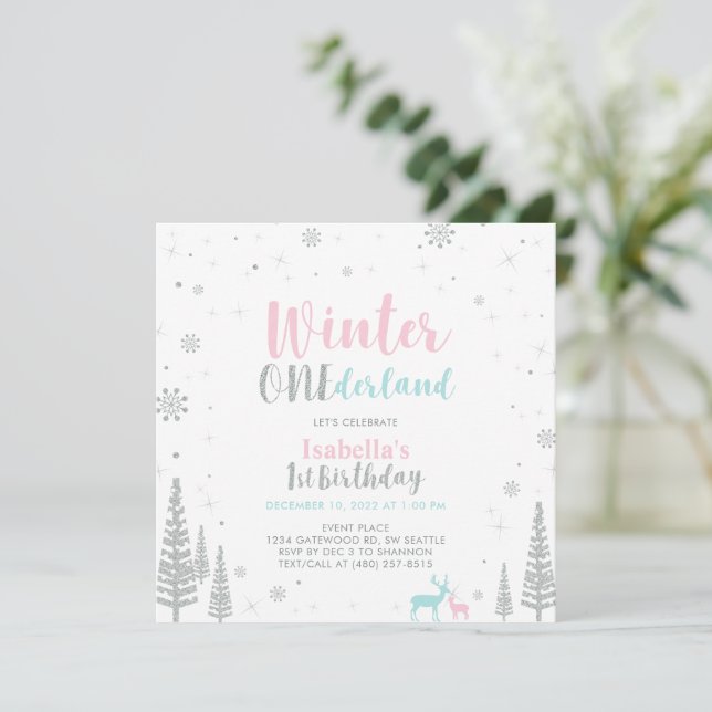 Silver Winter Onederland 1st First Birthday Invita Invitation (Standing Front)