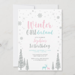 Silver Winter onederland 1st girl birthday party Invitation