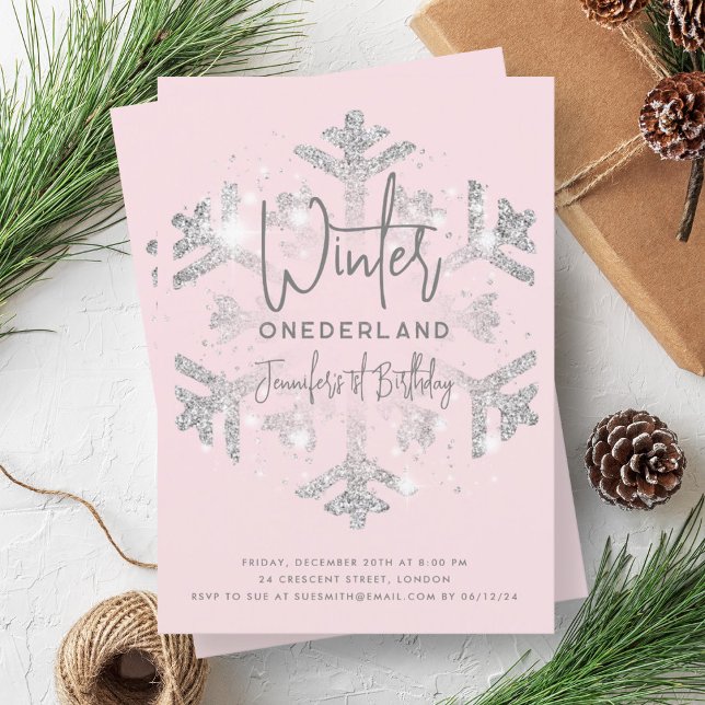 Silver Winter ONEDERLAND Birthday Glitter Blush Invitation (Silver Winter ONEDERLAND Birthday Glitter Blush Invitation)