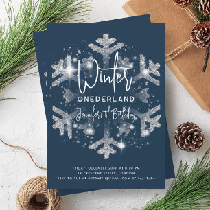 Silver Winter ONEDERLAND Birthday Glitter Navy Blu Invitation