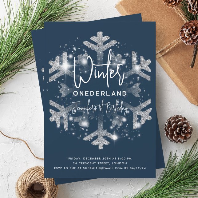 Silver Winter ONEDERLAND Birthday Glitter Navy Blu Invitation (Silver Winter ONEDERLAND Birthday Glitter Navy Blu Invitation)