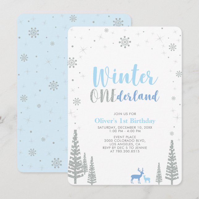 Silver Winter onederland boy 1st birthday party Invitation (Front/Back)