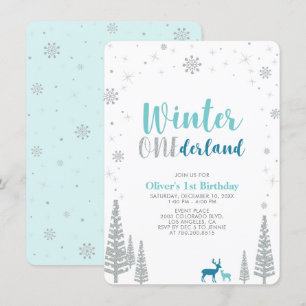 Silver Winter onederland boy 1st birthday party Invitation