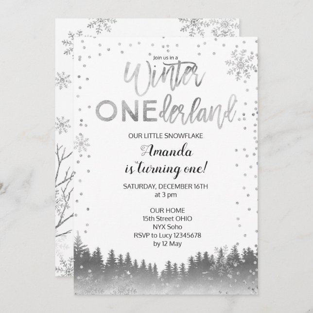 Silver Winter ONEderland Snow Birthday Invite BOY (Front/Back)