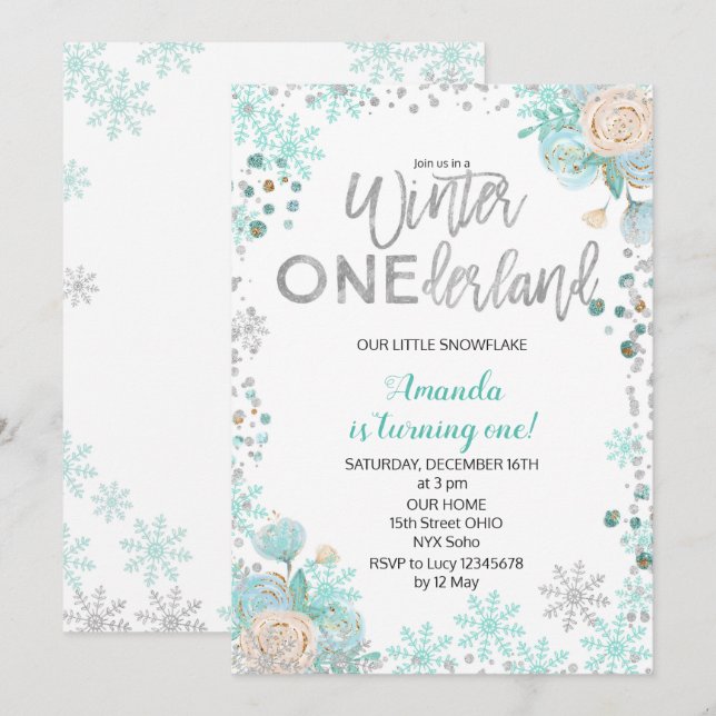 Silver Winter ONEderland Snow Birthday Invite Girl (Front/Back)