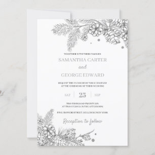 Silver winter pine and cones modern wedding invitation