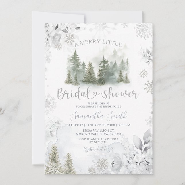 Silver Winter Pine Tree Merry Little Bridal Shower Invitation (Front)