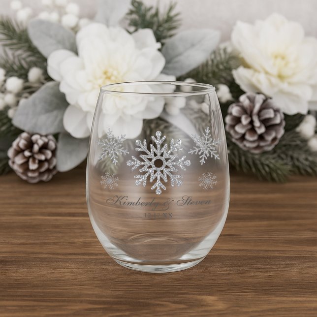 Silver Winter Snowflakes Personalised Stemless Wine Glass (Silver Winter Snowflakes Personalized Stemless Wine Glass)