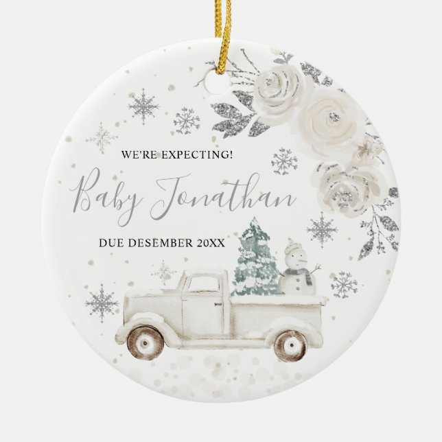 Silver Winter Truck We're Expecting Parents Ceramic Tree Decoration (Front)