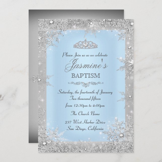 Silver Winter Wonderland Blue Baptism Christening Invitation (Front/Back)