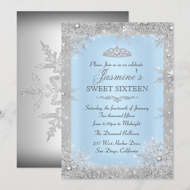 Silver Winter Wonderland Blue Sweet 16 Invitation (Front/Back)