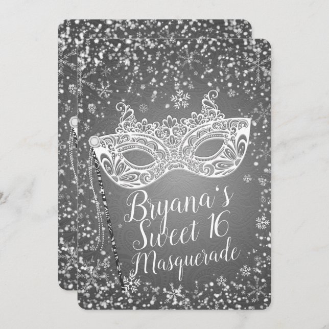 Silver Winter Wonderland Masquerade Sweet 16 Party Invitation (Front/Back)