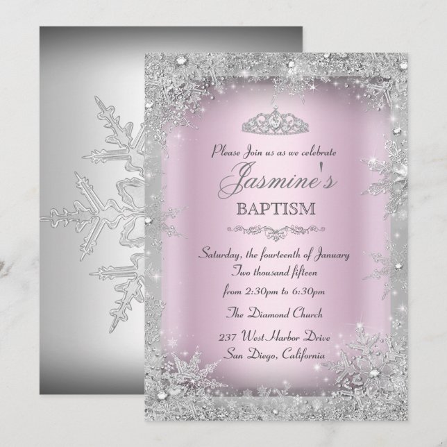 Silver Winter Wonderland Pink Baptism Christening Invitation (Front/Back)