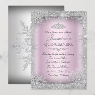 Silver Winter Wonderland Pink Quinceanera Party Invitation