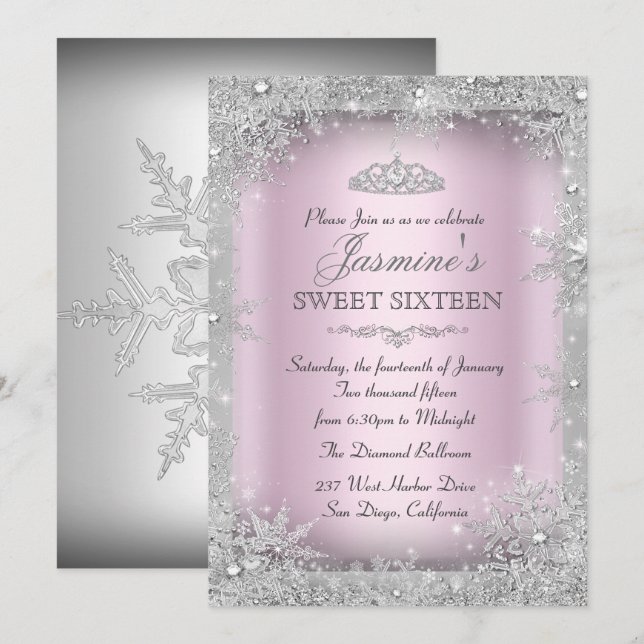 Silver Winter Wonderland Pink Sweet 16 Invitation (Front/Back)