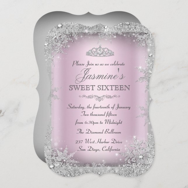 Silver Winter Wonderland Pink Sweet 16 Invite 2 (Front/Back)