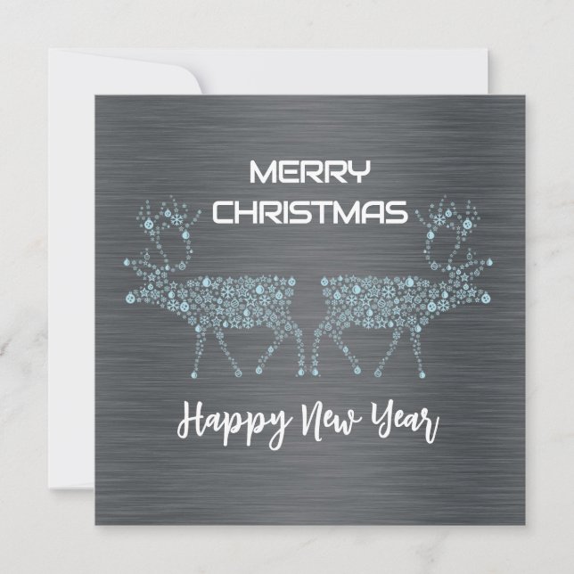 Silver wish card Christmas new year blue reindeer (Front)