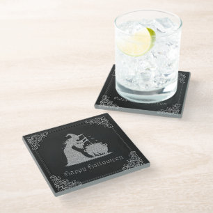 Silver Witch & Cauldron Halloween Glass Coaster
