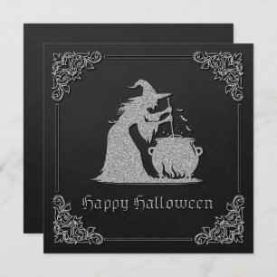 Silver Witch & Cauldron Halloween Greeting Card