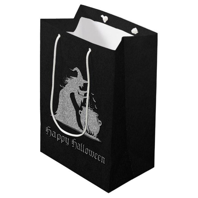 Silver Witch & Cauldron Halloween Medium Gift Bag (Front Angled)